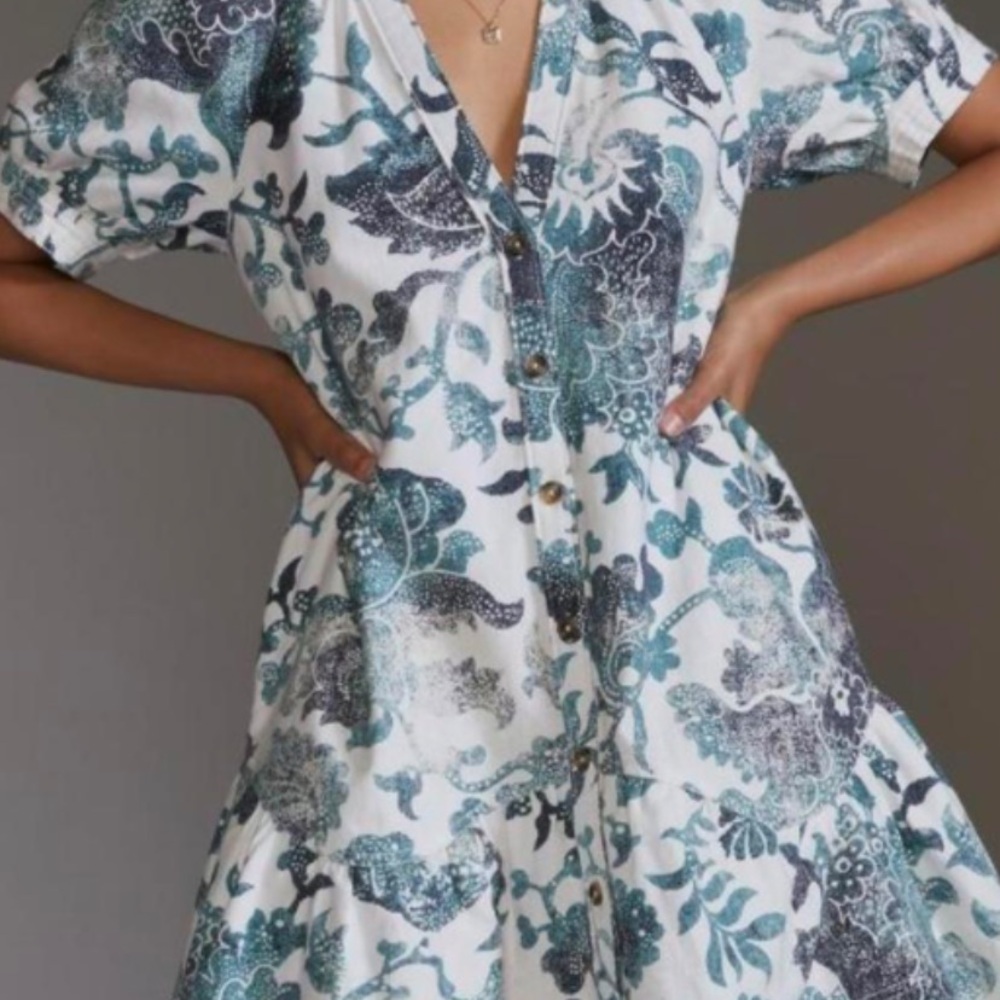 Anthropologie Pilcro Linen Blend Teal and White Floral Midi Dress